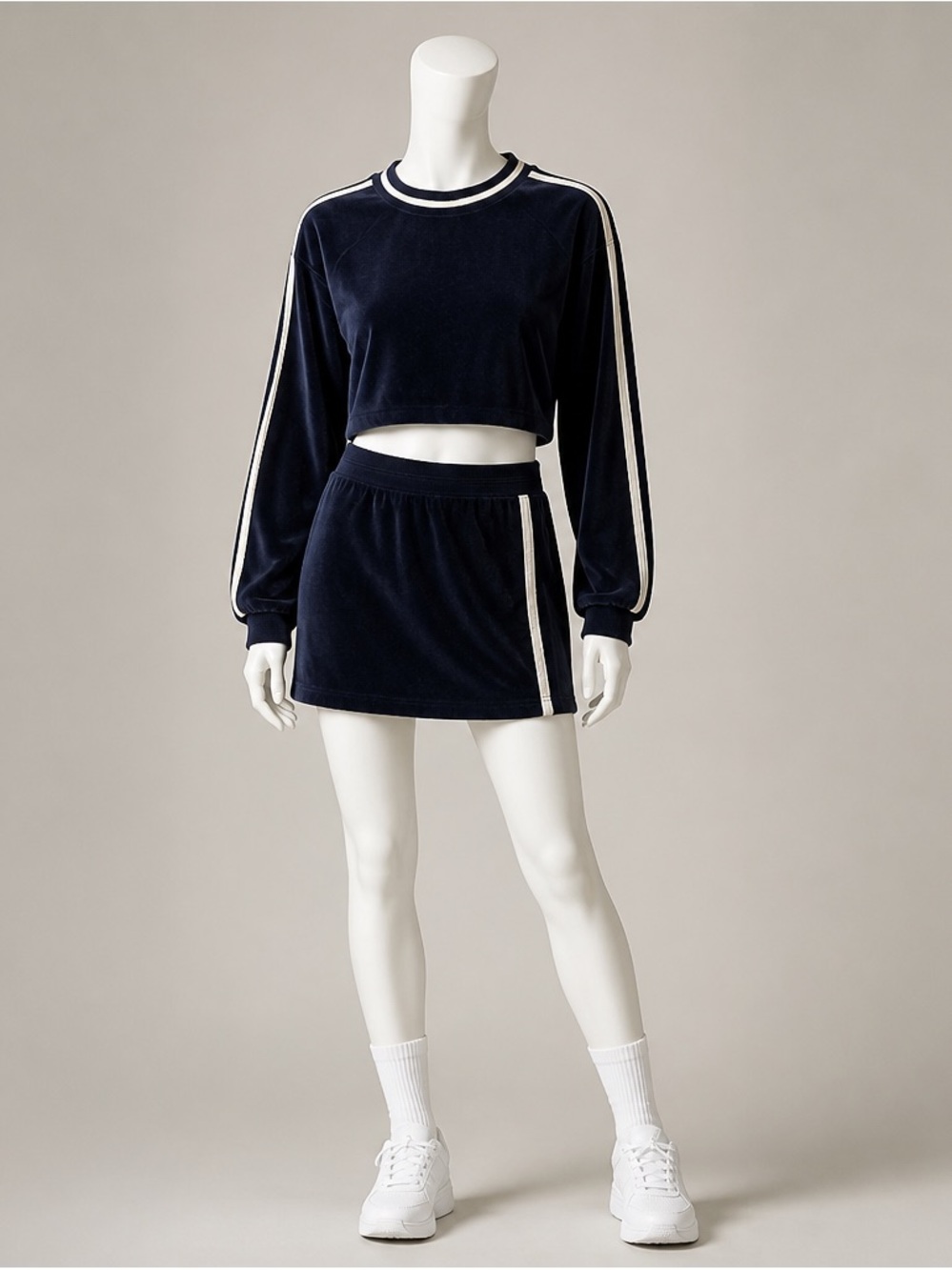 Terri knit black and white Two-Piece Top and Mini Skirt Set with White Trim